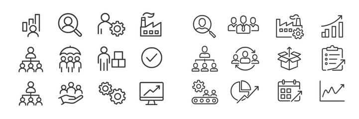 Fototapete - Diverse set of line icons representing business concepts, teamwork, production, and analytics in a corporate environment