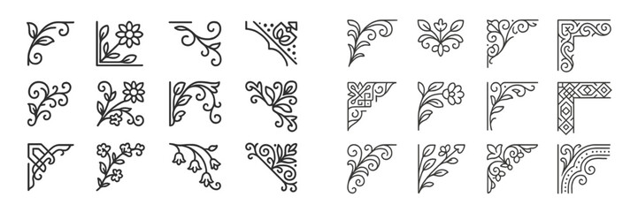 Aufkleber - Decorative floral corner designs for graphic art and print projects showcasing intricate line work and creative patterns