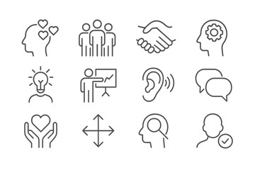 Aufkleber - Icons representing various aspects of interpersonal relationships, communication, and teamwork in a professional setting