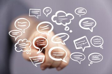 Aufkleber - Abstract image of hand interacting with speech bubbles, ideal for communication, social media, and networking concepts.