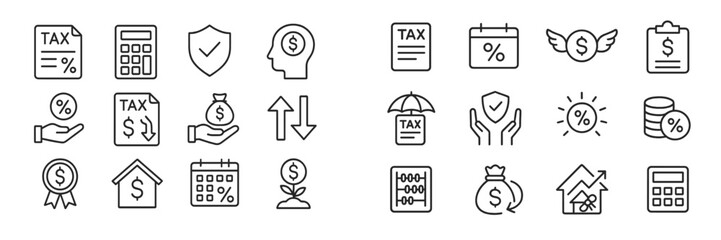 Poster - Financial icons representing tax, savings, and investment concepts on a white background, ideal for educational or professional use