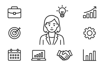 Aufkleber - Business concepts illustrated with a professional woman in a modern workspace featuring various symbols of success and collaboration