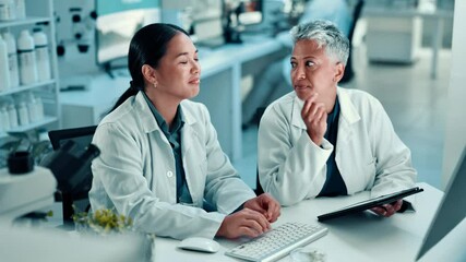 Wall Mural - women, scientist and typing with tablet in lab for medical research, advice and botany report. peopl