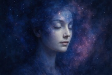 Wall Mural - ethereal portrait of a woman with a serene expression her face partially obscured by swirling nebula