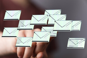 Aufkleber - A person interacts with a digital display showing numerous email messages, symbolizing email management.