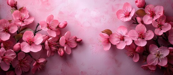 Wall Mural - Pink cherry blossoms arranged on a textured pink background with space in the center for text or design in a romantic spring setting Generative AI
