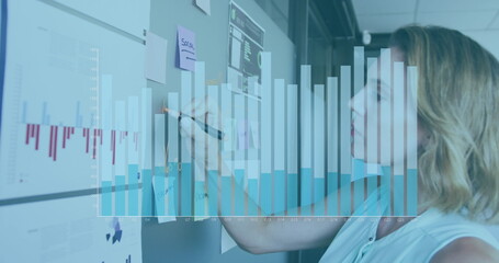 Wall Mural - image of statistics over caucasian businesswoman in office
