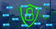 © vectorfusionart - Image of social media icons with growing number and padlock icon over cityscape