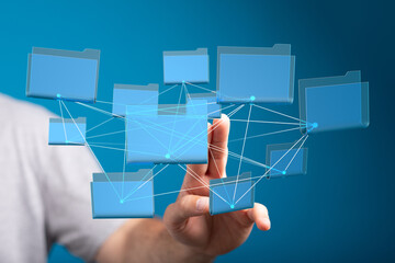 Aufkleber - Hand interacting with a network of digital folders.  Cloud storage, data management.