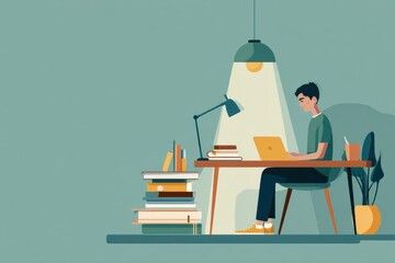 Leinwandbilder - Student Engaged in Online Learning With Tablet on Desk Surrounded by Books and Lamp in a Cozy Study Environment