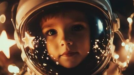 Wall Mural - a young child dressed in a space suit looks directly at the camera with curiosity