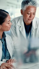 Aufkleber - Science, team and women on tablet talking in lab for medical research, results and feedback. Healthcare, pharmaceutical and scientists on tech for vaccine study, breakthrough or medicine discovery
