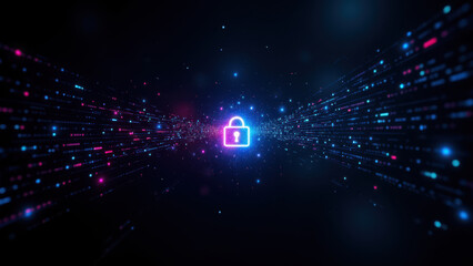 Wall Mural - A dynamic digital representation of cybersecurity with a futuristic lock symbol set against a vibrant matrix background with neon pink lines suggesting data transfer or protection.