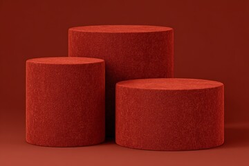 A 3D stage with a red product podium and empty presentation pedestal is set against a minimal geometric background with a luxury advertising banner