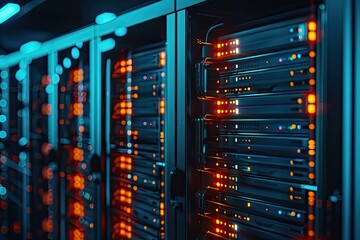 High Detail Picture of Ultra HighPerformance Data Servers in Data Center Rack