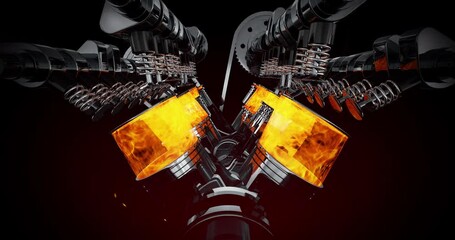 Poster - Zooming Camera Animation to Reveal Detailed V8 Engine Under Hood. Industry And Technology Related 3D Animation.