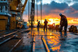 © scaliger - Offshore oil rig workers at sunset with reflective deck and industrial machinery