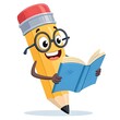 © IMRAN - Cheerful Cartoon Pencil Character Reading a Book on White Background