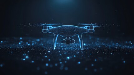 Wall Mural - Digital vector 3d illustration of drone with camera in dark blue. Drone videography, aerial photography, modern technology concept. Abstract low poly quadcopter with dots, lines.