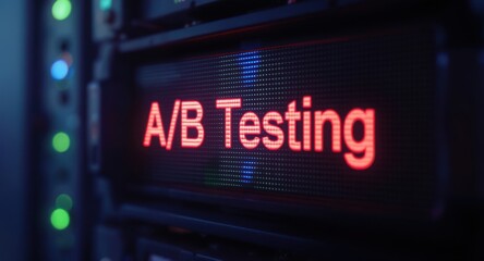 a/b testing displayed on a server rack showing red led digital screen data analytics technology