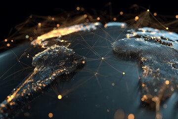 Canvas Print - Digital world map with glowing connections and bokeh lights in a dark environment creating a network