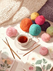 Poster - Cozy Knitting Session With Colorful Yarn and Tea on a Clean Tabletop in a Warm, Inviting Atmosphere