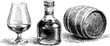 © Artem - Vintage engraving of cognac bottle, glass, and barrel for beverage design