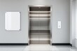 © AleBo - Closed metal elevator doors in a clean hallway, minimalistic style, gray wall background, concept of urban infrastructure. Ai generative