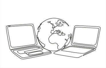 world with connected computers. one line laptop with worldwide internet, globe access computers and 