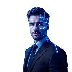 man in suit with digital interface overlay against a black background looking at the viewer