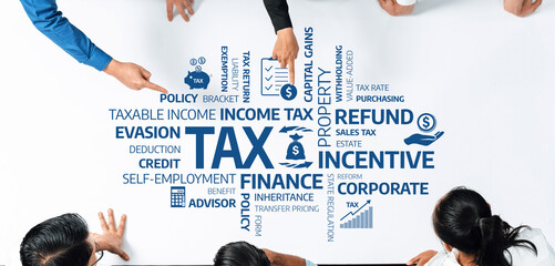 Aufkleber - This image illustrates various tax concepts, including deductions, credits, and incentives, showcasing a collaborative discussion on financial strategies for individuals and businesses. Amity
