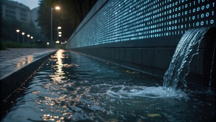 digital data cascade a conceptual representation of technology and nature intertwined illuminated by