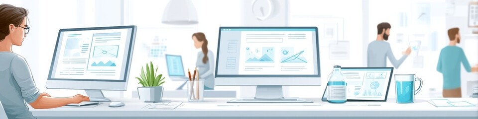 Creative studio workspace showcasing web design elements being crafted with modern technology