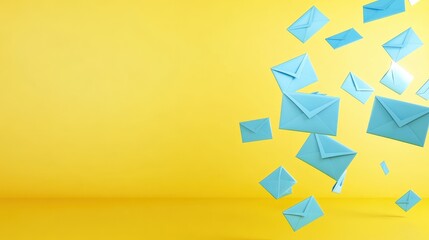 Wall Mural - modern email marketing concept with glowing blue envelopes floating in the air against a vibrant yel