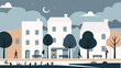 © Hanna ArtLab - Night city flat illustration. City scene with silhouettes of people. Panoramic view of a small town in the evening.