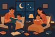 © Halina Berah - Family reading together in cozy bedroom at night under soft glow of lamp with starry sky visible through window