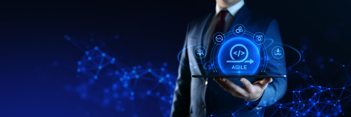 Wall Mural - businessman holding smartphone with agile development icons on screen. software development concept