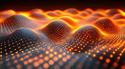 abstract glowing network of orange dots creating undulating waves.