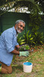 © wavebreak3 - Senior African American man kneeling in garden holding purple potted plant beside white planter