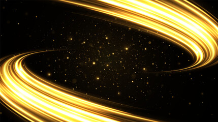 Wall Mural - luminous round golden trail with glowing wavy lines on a dark background. sparkling particles create