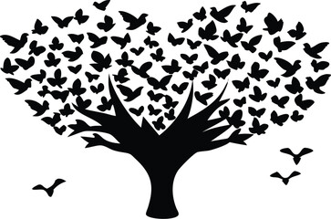 heart tree with flying birds silhouette vector design