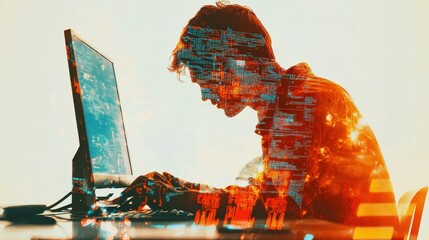 Programmer using computer with html code. Safety and programming concept. Double exposure illustration , no logos, no brands