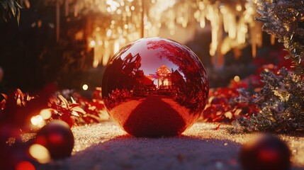 Wall Mural - a vibrant red christmas ball, glistening with festive cheer, reflecting light and surrounded by soft
