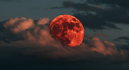 red full moon rising above dense clouds at dawn. majestic celestial body in the sky. cosmic event fo