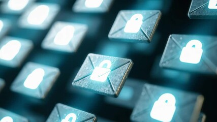 Floating digital envelopes and padlocks symbolize secure email communication and data protection in a modern, tech-driven environment.