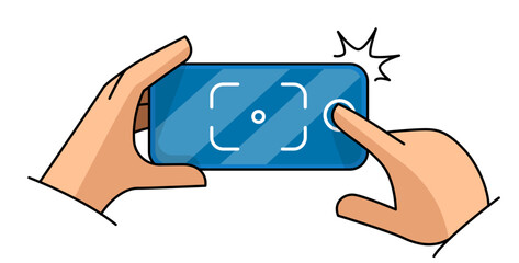 Taking photos with smartphone. Finger pressing camera button on screen to take a picture with flash. Simple flat with outlines contour. Isolated on white background. Vector illustration.