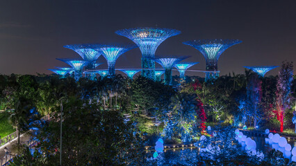 Futuristic view of amazing illumination at Garden by the Bay night timelapse in Singapore.