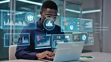 Software engineer coding on laptop computer with innovation technology interface. motion video.
