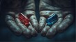 © mirukser - Choosing your reality between red pill and blue pill in Human hands during decision time
