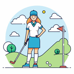 a cheerful female golfer stands confidently on a golf course ready to play a round of golf under a s